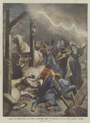 The whims of lightning inside a stable in Castell'Alfero (Prov of Alexandria), lands and injures  (colour litho)