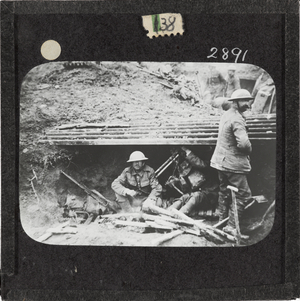 Resting in a dugout, 9 April 1917 (lantern slide)