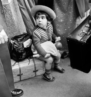 Vacation Holidays Departure : Little Girl Seated on Suitcase July 31, 1958 (b/w photo)