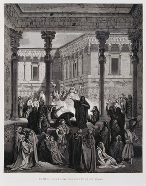 Daniel confronts the priests of Baal, Illustration from the Dore Bible, 1866