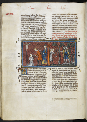 Royal MS 16 G. VI, f.420v, Punishment of a blasphemer; children caught in the forest of Coucy