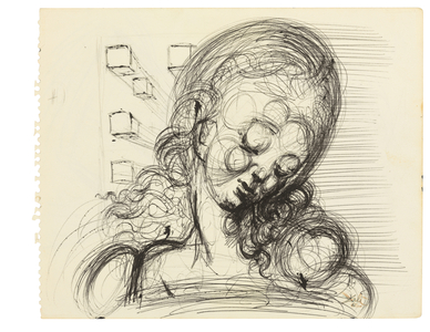 Study for 'Tête de Gala avec symtômes rhinocérotiques', c.1954 (pen & ink with ball-point pen over pencil on paper)