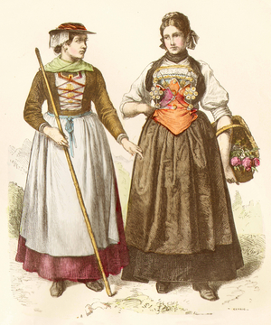 Swiss traditional costumes, 19th century (copper plate print)