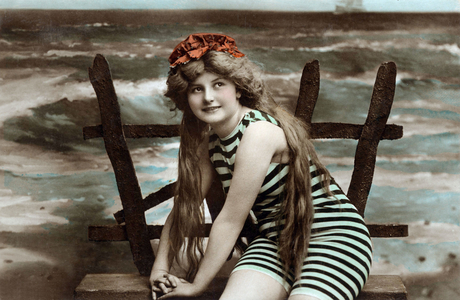 A young woman near sea, postcard, c. 1910