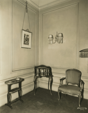 Former home of Fanny Brice, 76th Street - corner of living room, New York, USA, c.1920-38 (gelatin silver photo)