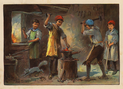 Little Workers: The Blacksmith (colour litho)