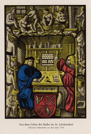 Bathers, from a Swiss glass window, 1524 (colour litho)