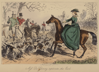 Miss De Glancey captivates the Earl (coloured engraving)