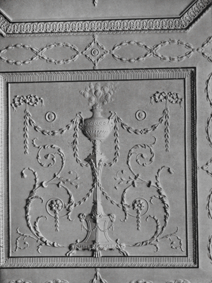 Bank of England: Court Room Suite, Court Room, the Ceiling, one of the two End Square Panels, 1774, Architect Taylor (b/w photo)