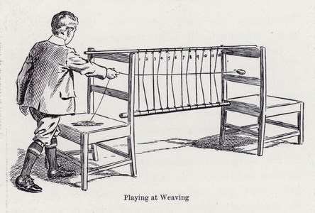 Boy playing at weaving with chairs and canes (litho)