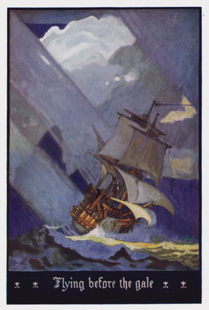 Illustration for Westward Ho! by Charles Kingsley: Flying before the gale (colour litho)