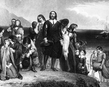 Landing of the Pilgrims at Plymouth, Massachusetts (b/w photo)