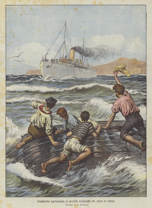 Dramatic Rescue Of Four Castaways In The Gulf Of Naples (colour litho)