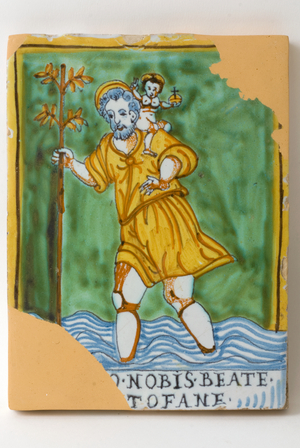 Saint Christopher wades the river with Child Jesus on his shoulders, c.1600-1699 (painted ceramic)