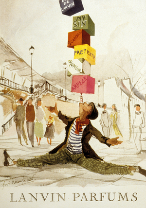 French advertisement for Lanvin perfumes (Eau de Lanvin, My sin, Scandal, Pretexte, Rumeur, Arpege) 1954