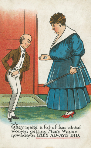 Women getting men's wages (colour litho)