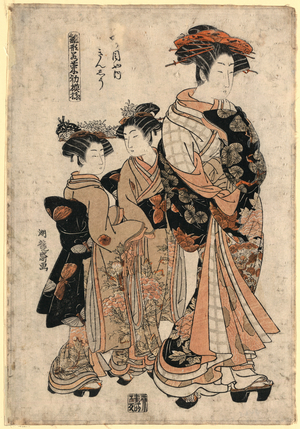 Yotsumeya Uchi Kinshu, the Courtesan Kinshu of Yotsumei-Ya. [Between 1775 and 1777], 1 Print : Woodcut, Color ; 37.6 X 25.7 ., Print Shows Kinshu of Yotsumei-Ya, a Courtesan, Full-Length, Facing Right, with Several Hairpins and Wearing Geta, Walking with Two Apprentices.