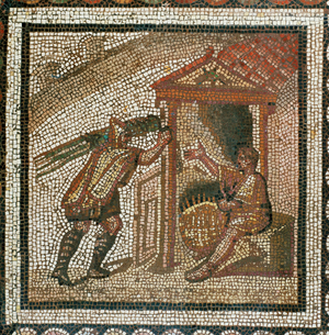 Peasant carrying willow twigs for wicker baskets (mosaic)