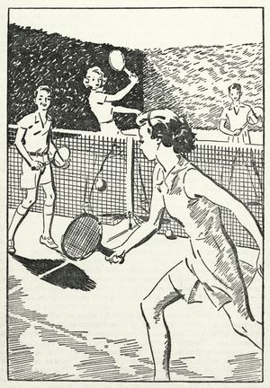 Teenagers playing tennis for their health and fitness (litho)
