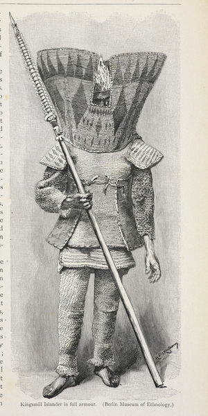 Kingsmill islander in full armour.
A person of the Gilbert Islands (formerly Kingsmill or King's-Mill Islands), in the Pacific ocean.