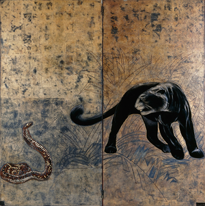 Two-panel lacquer screen depicting a Black Panther turning to defend itself against a Cobra, c.1925 (lacquered wood, ivory, gilt)