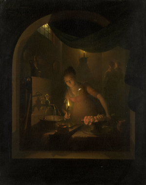 Kitchen by Lamplight, 1817 (oil on panel)