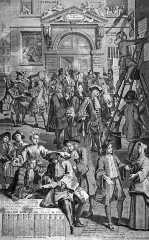 The crowd outside lottery office, engraving for 1701 almanac