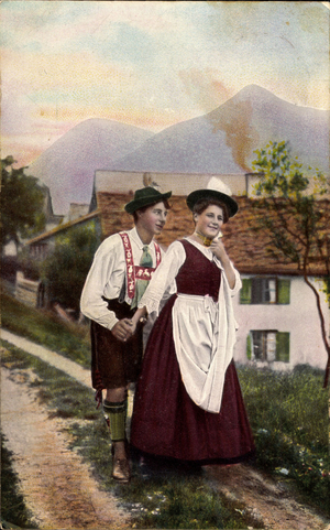 Lovers in traditional costumes, Bavaria (postcard)
