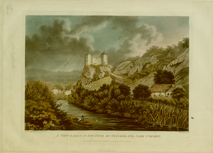 A man rowing a boat in the River Dunnern in the foreground, with a coach pulled by four horses and Alt-Falkenstein castle on its rocky banks on the right, and the rooftops of Klus and Balsthal and forests in the background