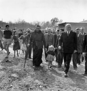 Inauguration of The Houses of Emergency Built in Plessis Trevise (France) By Association Emmaus With Father Peter and Minister Lemaire on April 30, 1954 (b/w photo)