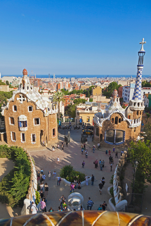 Barcelona, Spain.  Pavilions at the entrance to Parc Güell. Guell Park was designed by Antoni Gaudi and is a UNESCO World Heritage Site.