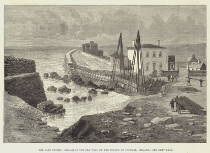 The late Storms, Breach in the Sea Wall on the Strand at Youghal, Ireland (engraving)