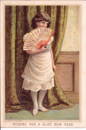 A Victorian New Year card of a girl standing in front of a drape holding a fan, c.1880 (colour litho)
