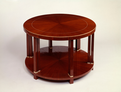 A low round twin level table with rosewood veneer, inlaid with ivory (rosewood, ivory)
