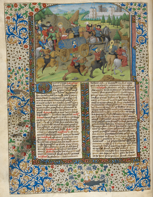 A procession of a king travelling in a covered cart, with mounted musicians and a castle in the distance. Border with floral decoration. Two columns of text, with an initial.