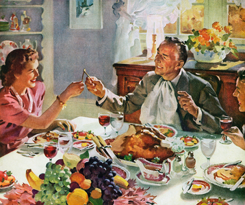 Couple Pulling on Wishbone at Thanksgiving, 1942 (screen print)