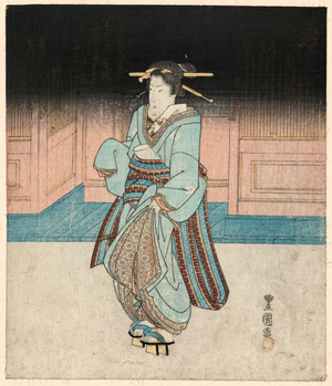 Yoru No Fukagawa Geisha, a Geisha on an Evening Stroll in Fukagawa. [Between 1828 and 1833], 1 Print : Woodcut, Color ; 21.2 X 18 .