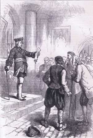 Winslow reading the Royal proclamation, illustration from History of the United States published by Cassell Pelter & Galpin, c.1890 (litho)