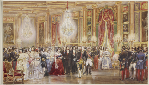 Royal visit to Louis-Philippe: presentations to Queen Victoria in the Galerie des Guises, Château d'Eu, 2 September 1843, dated 1843 (w/c on paper)
