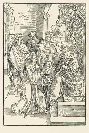 Conrad Celtes handing his edition of the Roswitha Comedies to the Elector Frederick of Saxony, 1501 (woodcut)