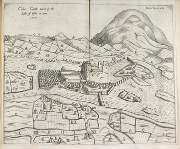 Illustration of castle in landscape. Irish castle in Munster. Site of battle between the Irish and the English.