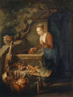 Kitchen Maid at the Well, c.1650 (oil on oak wood)