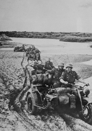 Sidecar column in Russia,1942, (b/w photo)