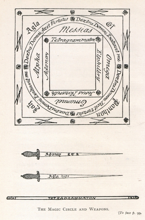 A diagram of the Magic Circle and weapons