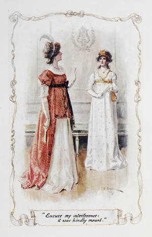 "Excuse my interference, it was kindly meant", Georgina Darcy to Elizabeth Bennet, illustration to 'Pride and Prejudice' by Jane Austen, 1907 (colour litho)