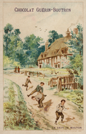 Playing leapfrog (chromolitho)