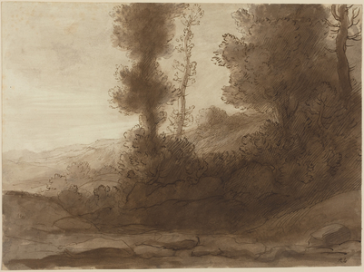 At the Foot of the Hill (pen and brown ink with brown wash on laid paper)