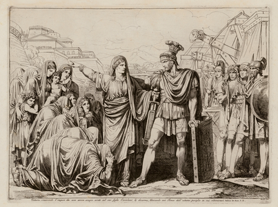 Veturia persuading her son Coriolanus not to attack Rome (etching)