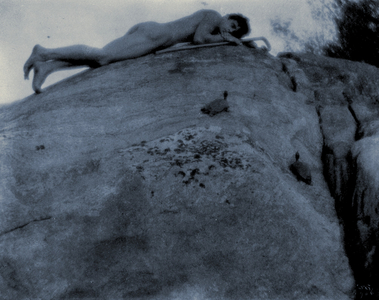 Nude young man on rocks with tortoise and shepherd's staff, c.1906 (cyanotype)