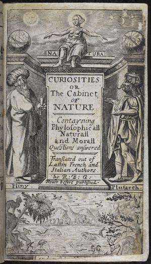 Title page of 'Curiosities: or the Cabinet of Nature', by Robert Basset, 1637 (engraving)